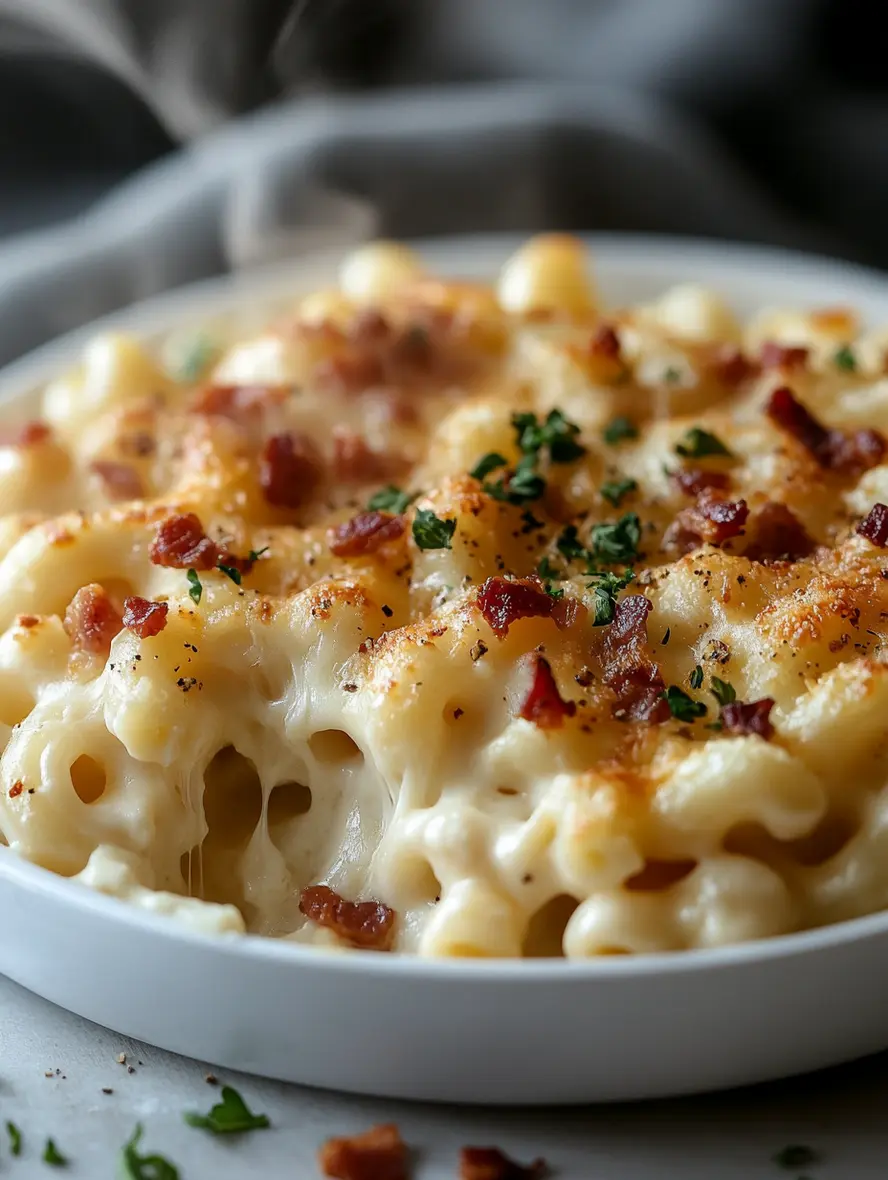 How to Make the Best Baked Mac and Cheese with Bacon 6 Baked mac and cheese with bacon in white dish, golden crusty top with crispy bacon pieces