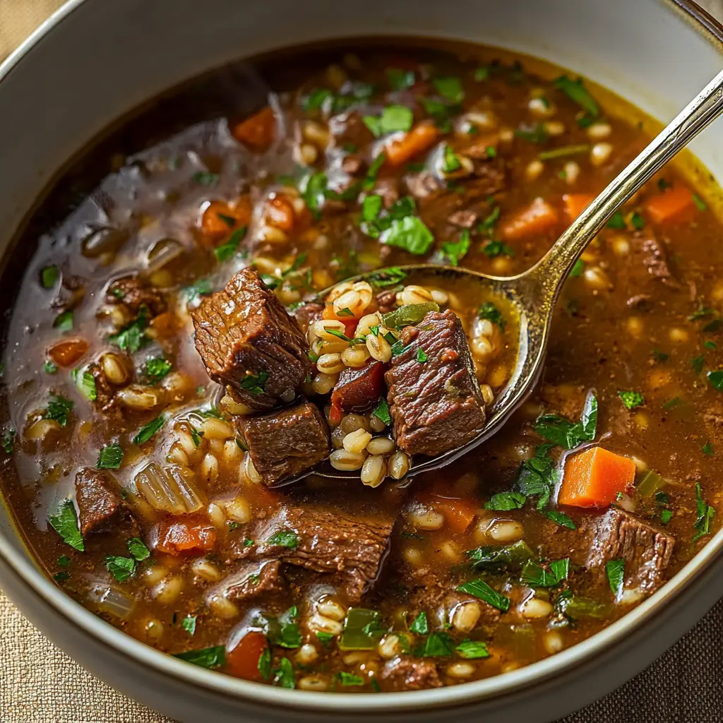 How to Make the Best Beef Barley Soup Ever 6 Beef barley soup in rustic bowl with tender beef chunks and pearl barley in rich broth