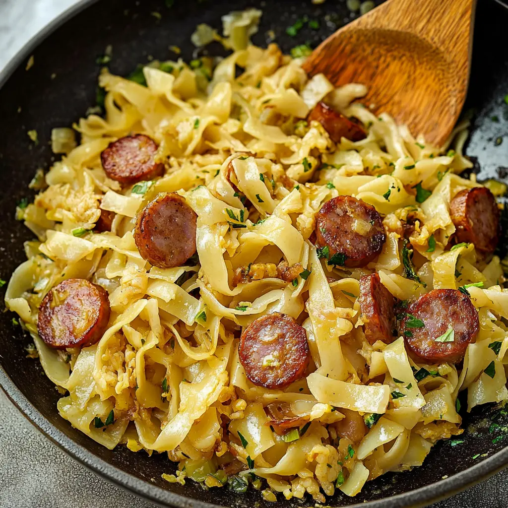 How to Make Cabbage and Noodles with Sausage Now 6 Ingredients for cabbage and noodles with sausage displayed in a clean and uncluttered style