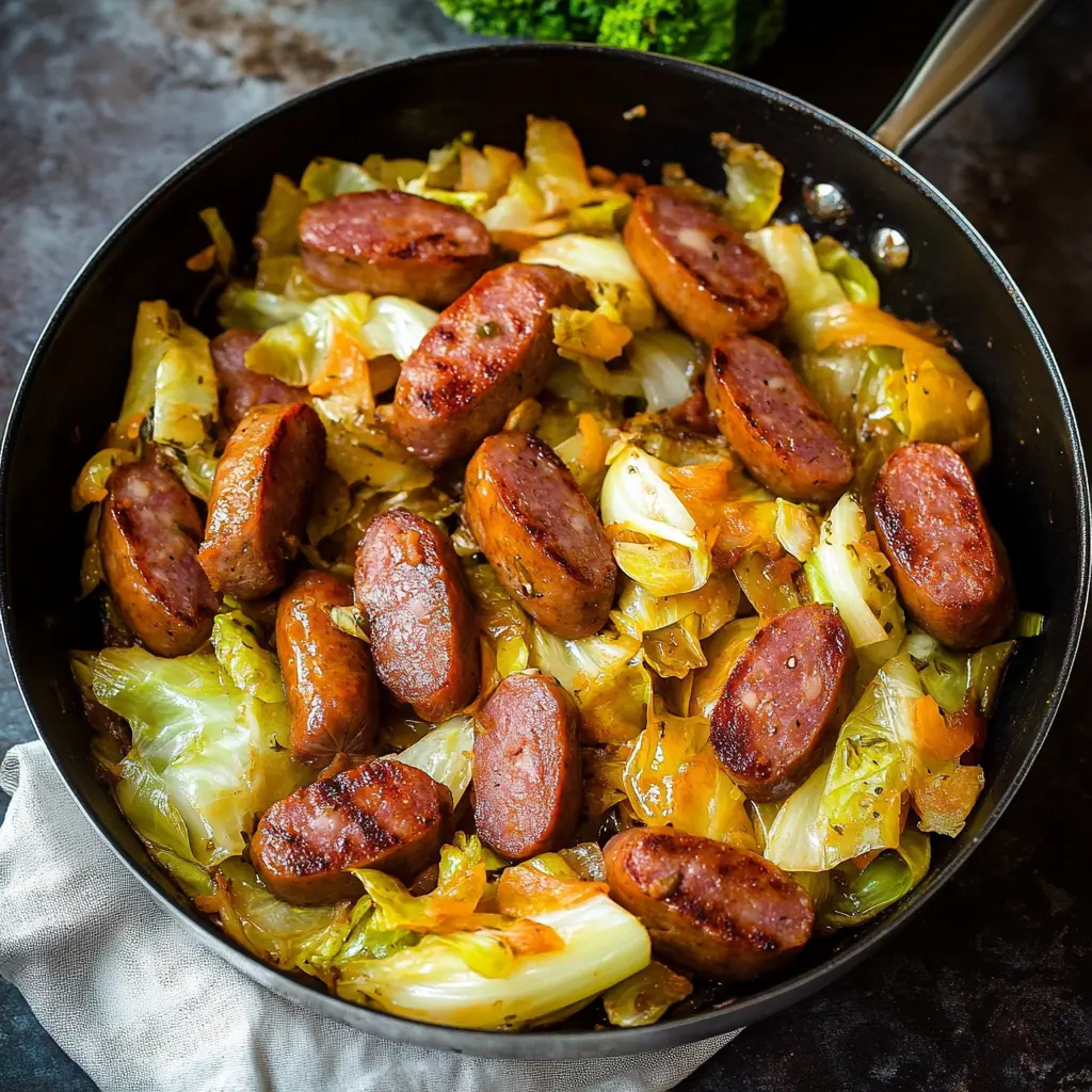 Ingredients for Cabbage and Sausage Skillet displayed on a clean surface