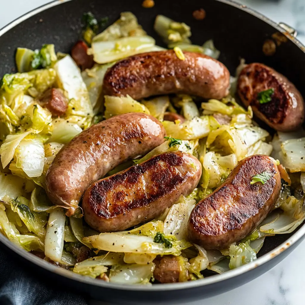 Ingredients for cabbage sausage one-pan skillet, neatly arranged