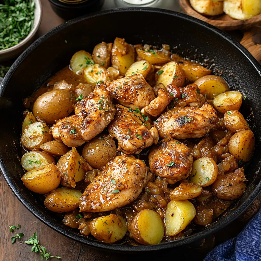 Best Cowboy Butter Chicken and Potatoes How To 6 Cowboy butter chicken and potatoes on a serving plate, golden and glistening with herbs