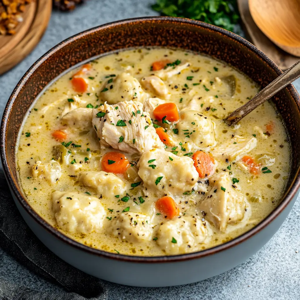 How to Make Creamy Chicken and Dumpling Soup 6 Ingredients for creamy chicken and dumpling soup, displayed neatly on a clean surface