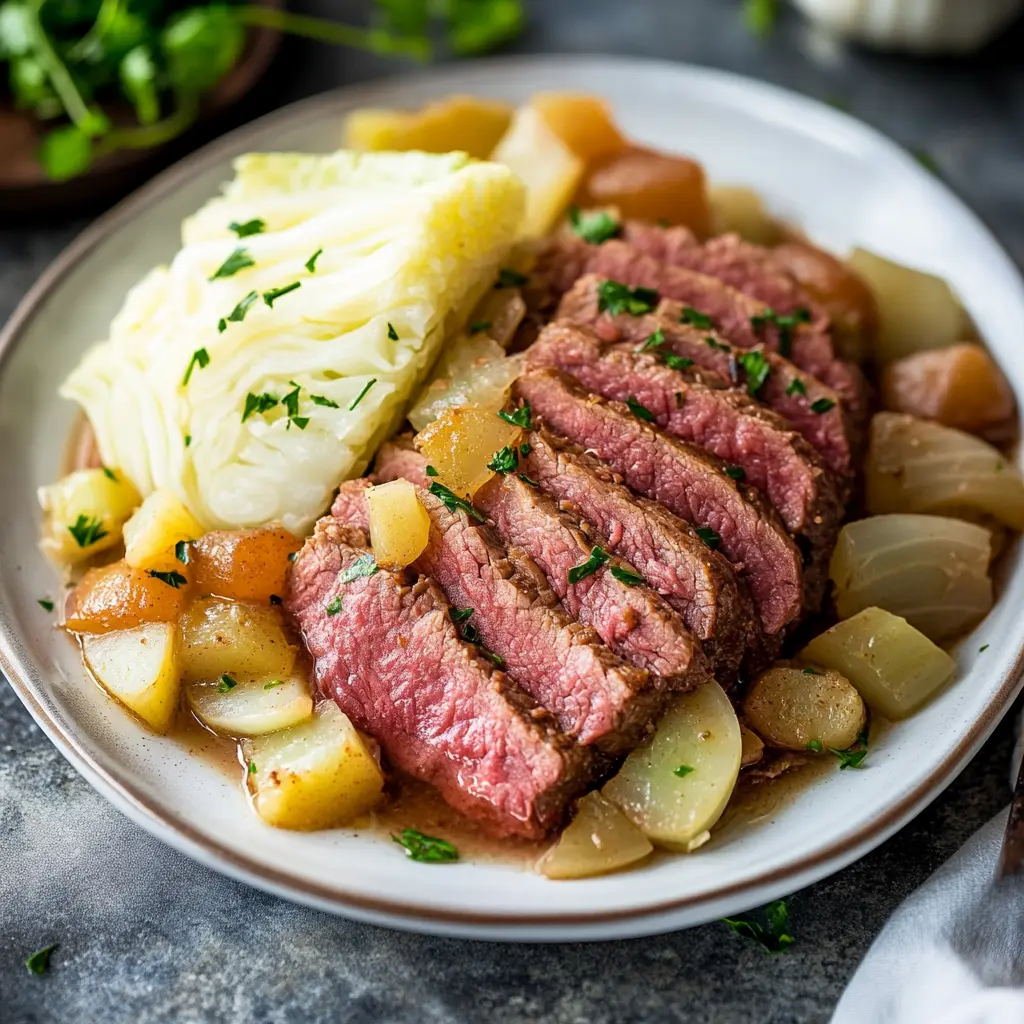 Crock Pot Corned Beef and Cabbage with tender brisket, cabbage wedges, carrots, and parsnips in savory broth