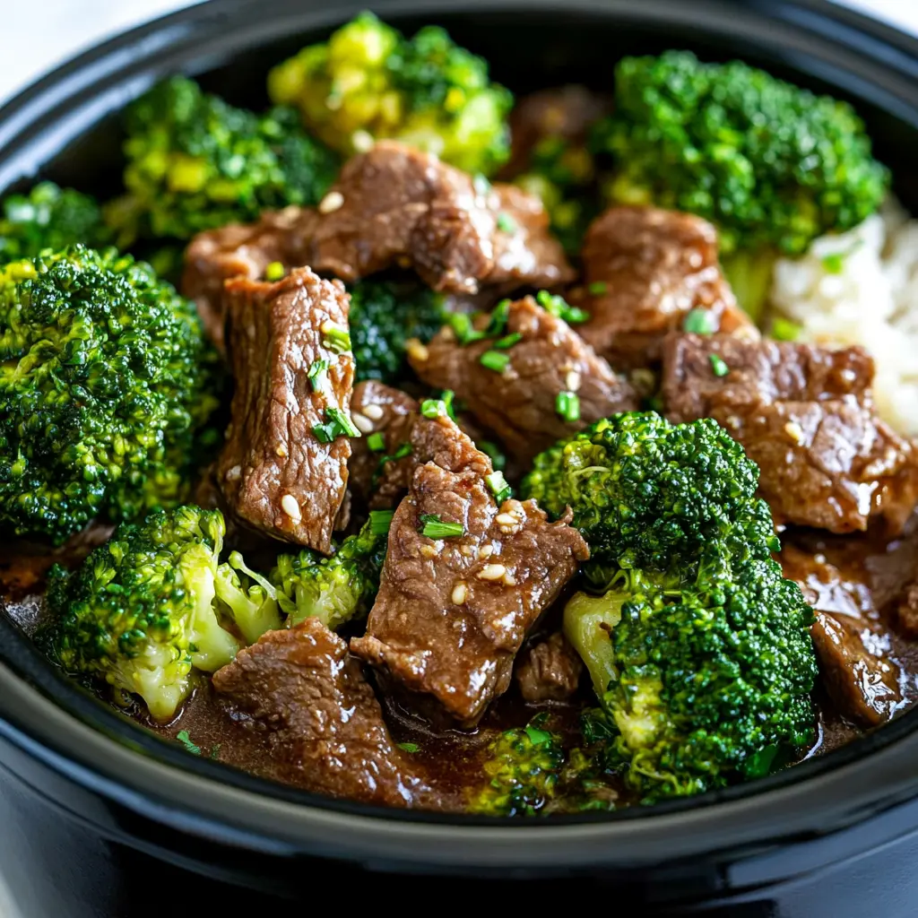 CROCKPOT BEEF AND BROCCOLI centered hero view, clean and uncluttered