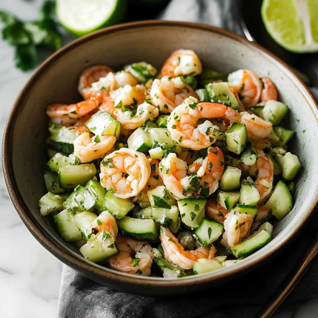 Discover the Deliciously Fresh Cucumber Shrimp Salad 6 Close-up of fresh ingredients for cucumber shrimp salad, including shrimp, cucumber, and herbs