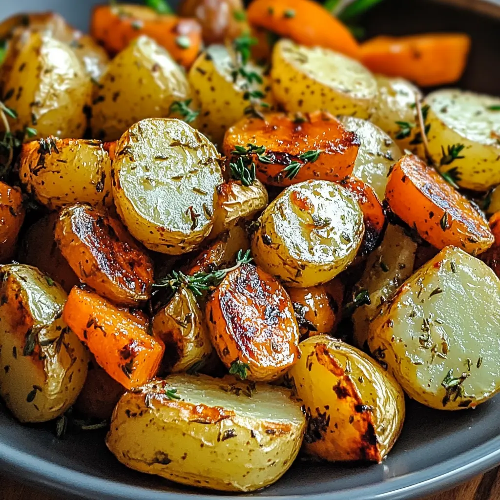 Garlic Herb Roasted Potatoes and Vibrant Veggies 6 Garlic herb roasted potatoes, carrots, and zucchini ingredients laid out neatly