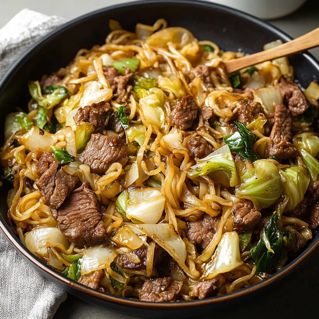 Ingredients for Garlicky Beef and Cabbage Noodles, neatly arranged