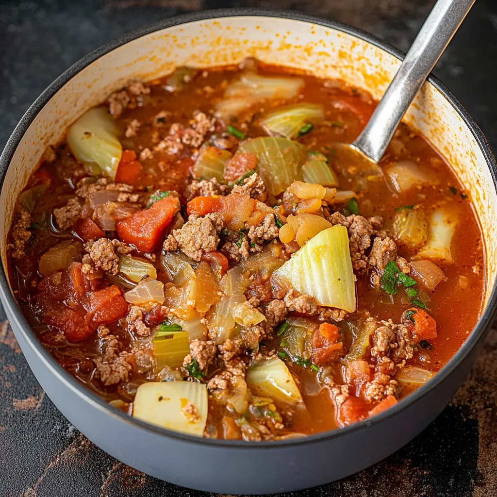 Ground beef cabbage soup ingredients laid out neatly