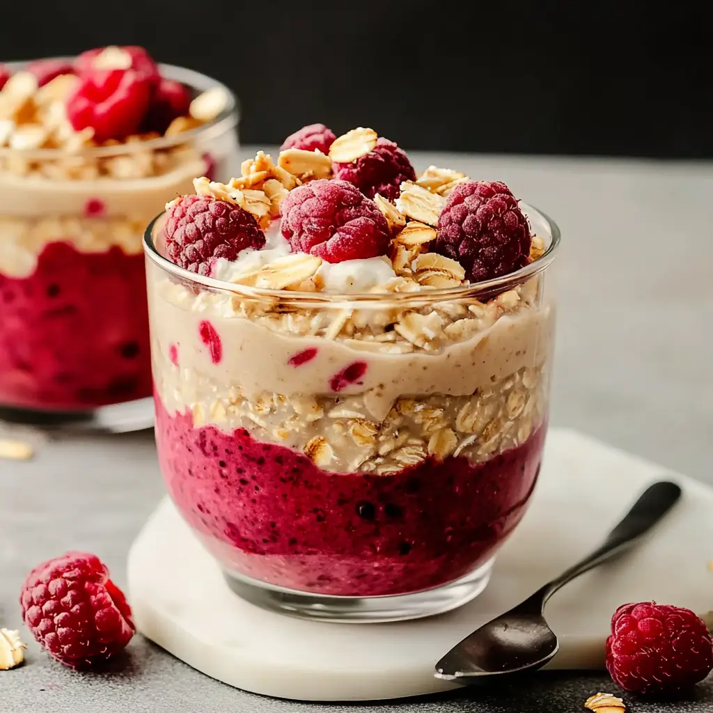 High Protein Raspberry Peanut Butter Overnight Oats ingredients neatly arranged