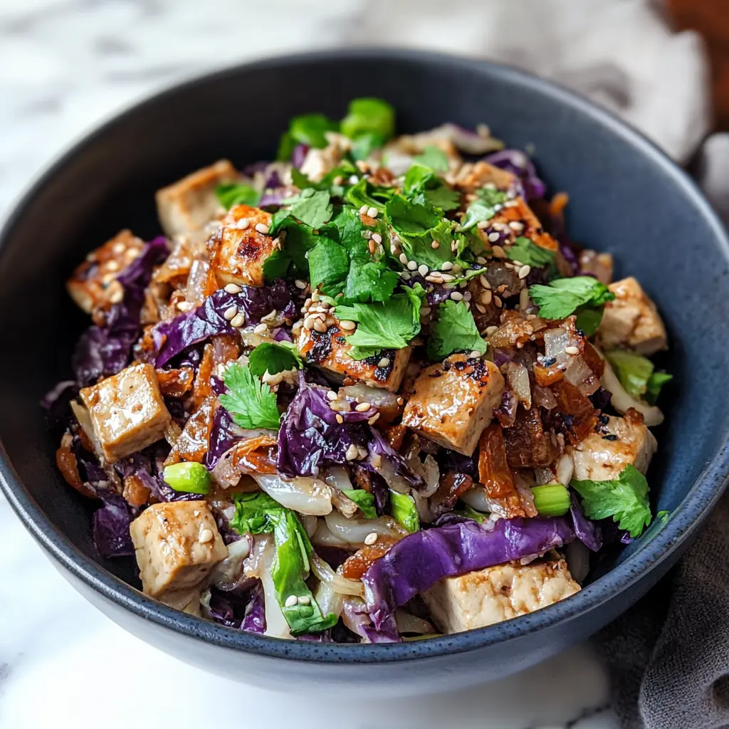 HIGH PROTEIN VEGAN TOFU AND CABBAGE centered hero view, clean and uncluttered