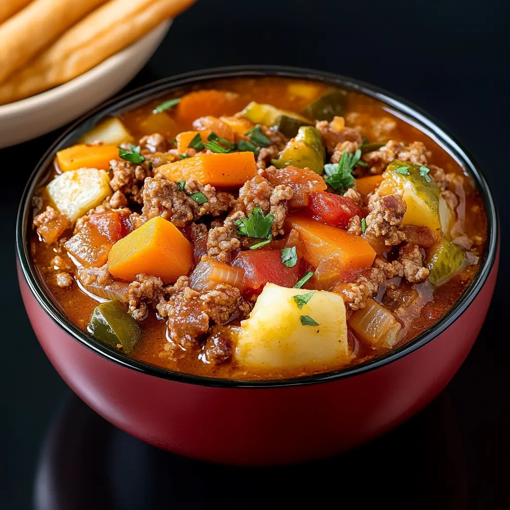 LOADED HAMBURGER SOUP ingredients laid out neatly