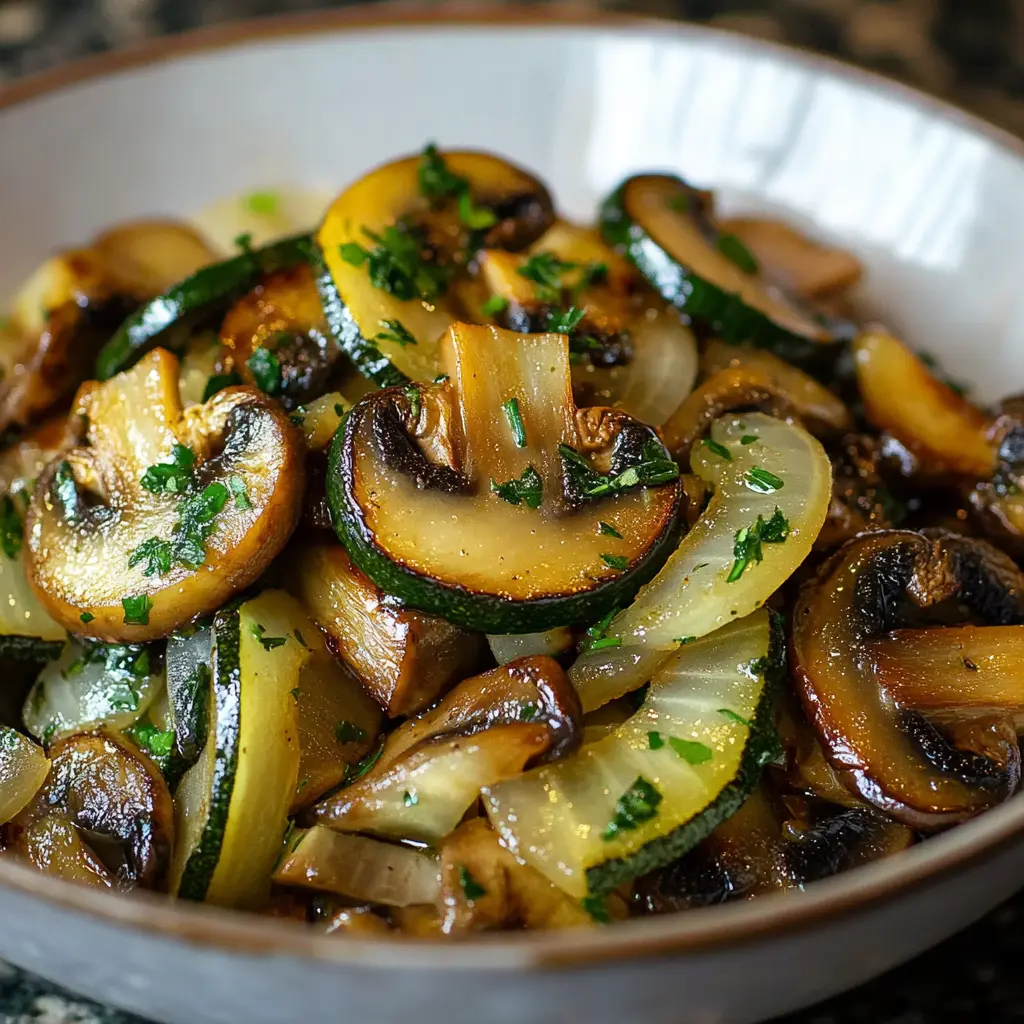 Close-up of fresh zucchini, mushrooms, and onions prepared for sautéing