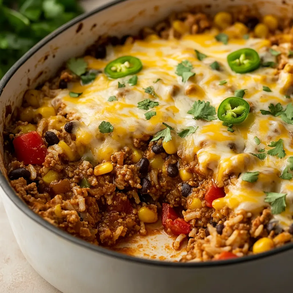 Mexican Ground Beef Casserole with Rice centered hero view, clean and uncluttered