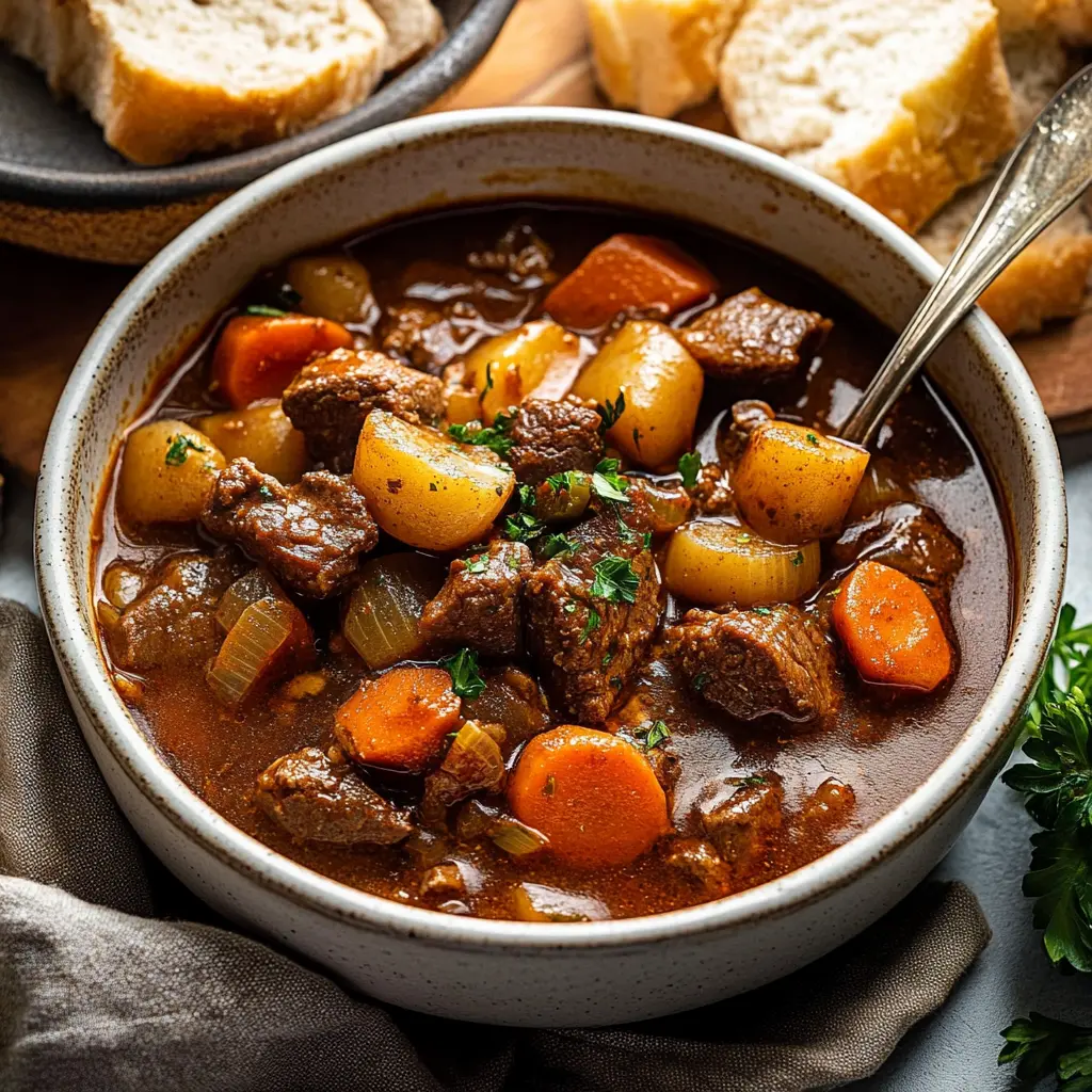 Ingredients for old fashioned beef stew displayed on a clean surface