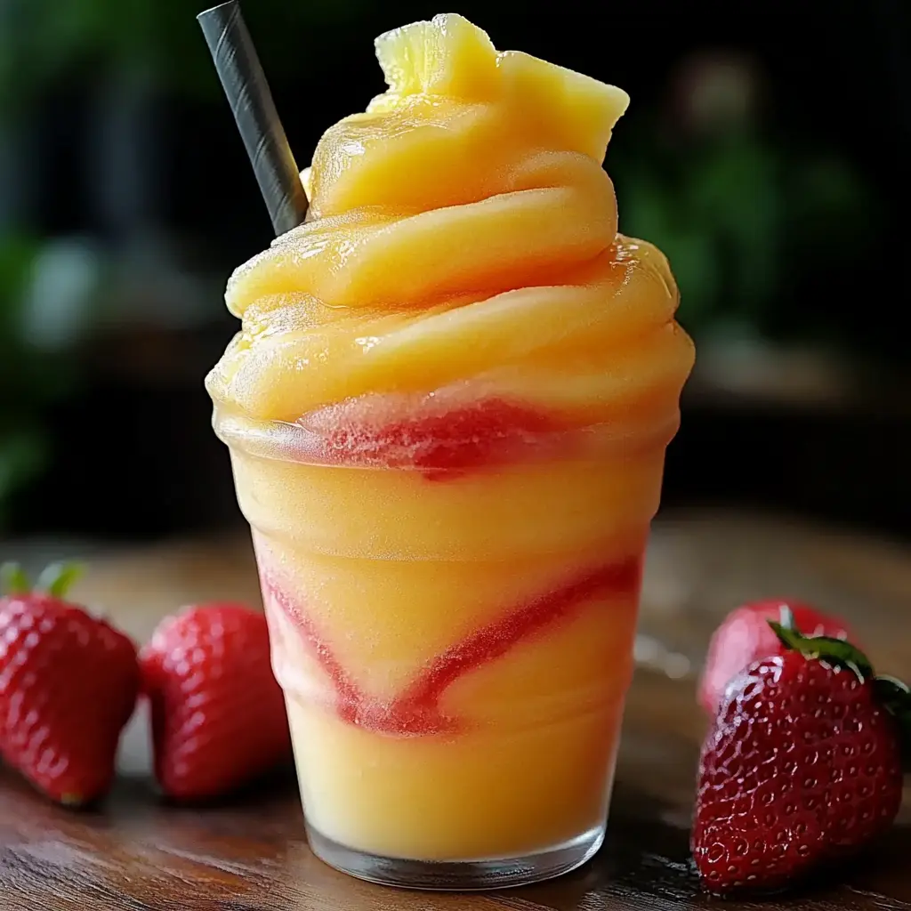 Pineapple strawberry swirled slushies ingredient layout with frozen fruit and juices