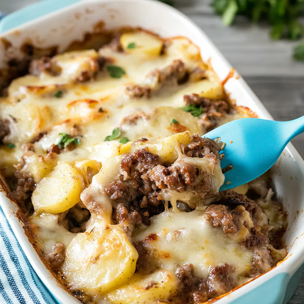 POTATO HAMBURGER CASSEROLE centered hero view, clean and uncluttered