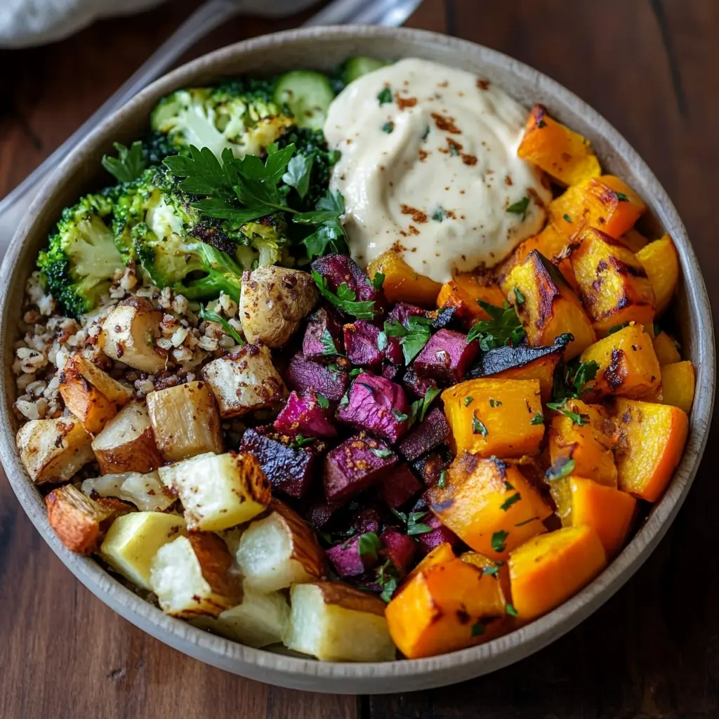 Roasted Root Vegetable Buddha Bowls with Maple Cinnamon ingredients laid out in a clean, uncluttered arrangement