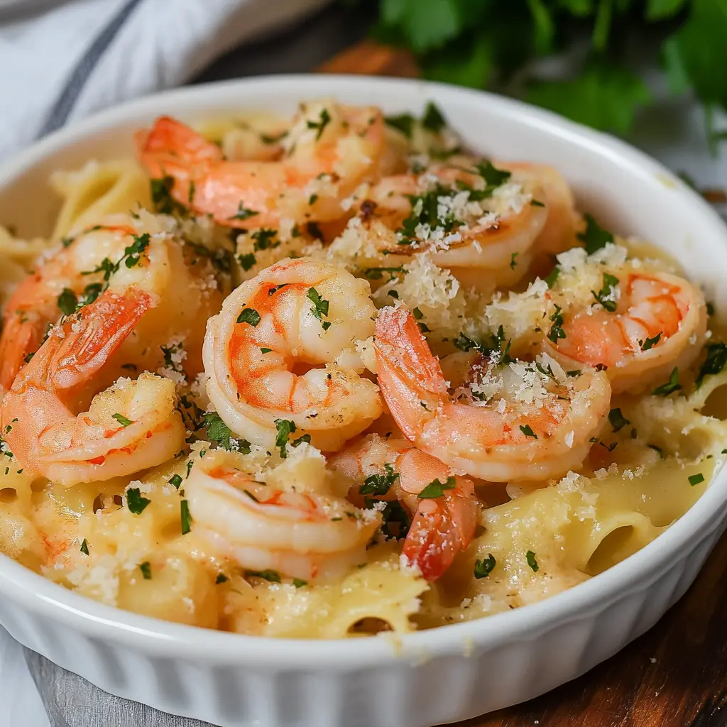 Ingredients for Shrimp Scampi Pasta Bake displayed neatly