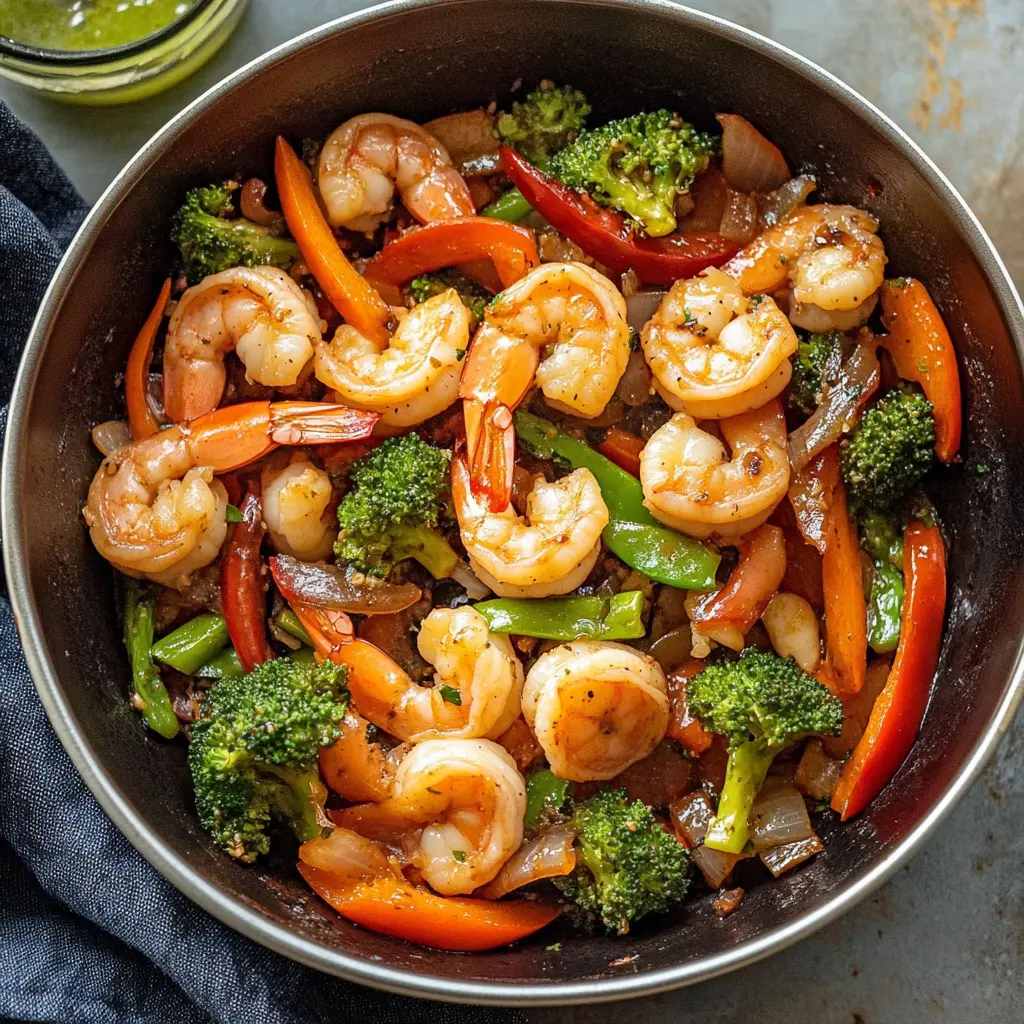 Ingredients for shrimp stir fry featuring fresh shrimp, broccoli, mushrooms, carrots, and bell peppers laid out neatly