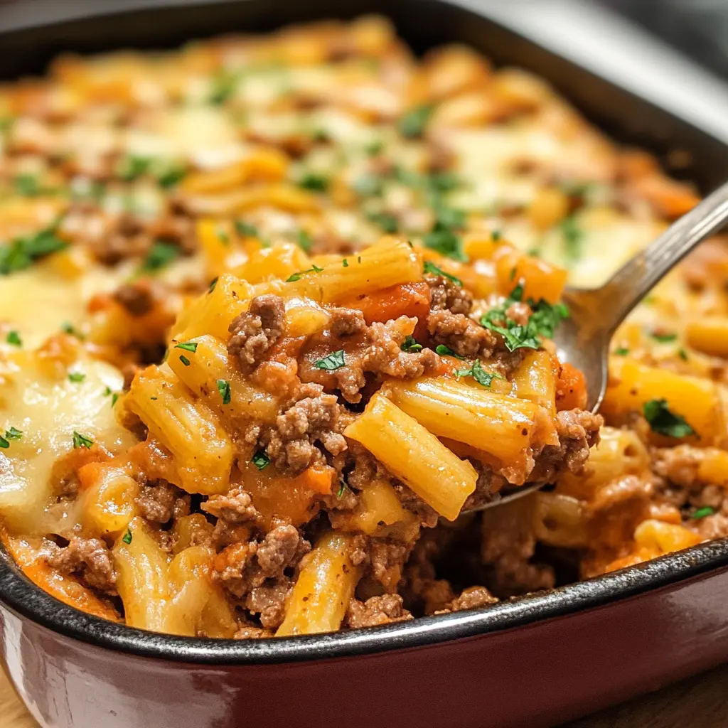 How to Make Simple Ground Beef Casserole in 30 Minutes 6 Simple ground beef casserole in baking dish with golden melted cheese topping