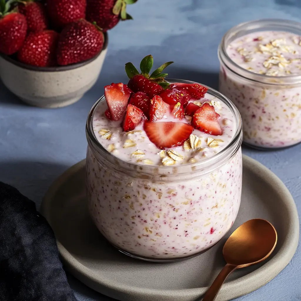 Strawberry Milk Overnight Oats ingredients displayed neatly with fresh strawberries and almond milk