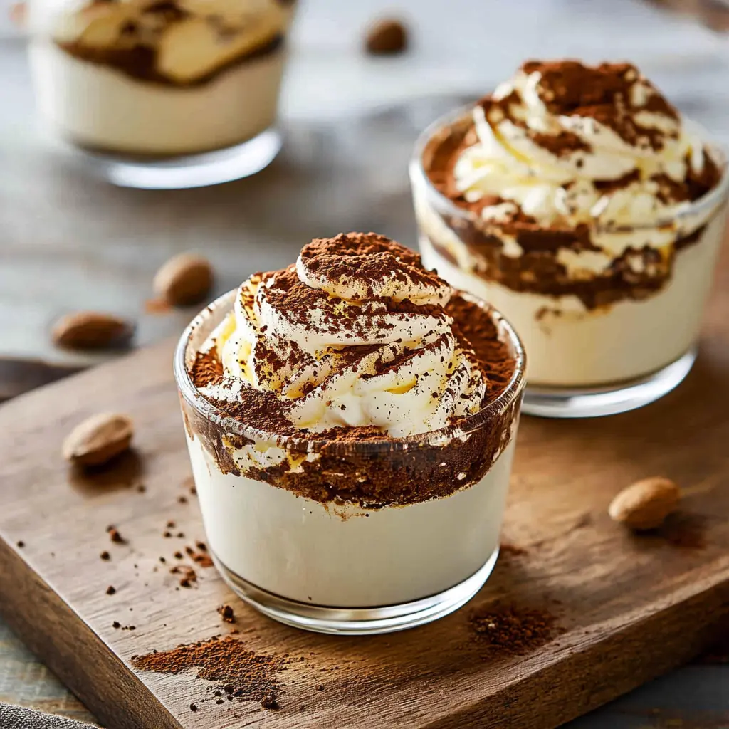 Tiramisu cups with ingredients displayed, clean and uncluttered
