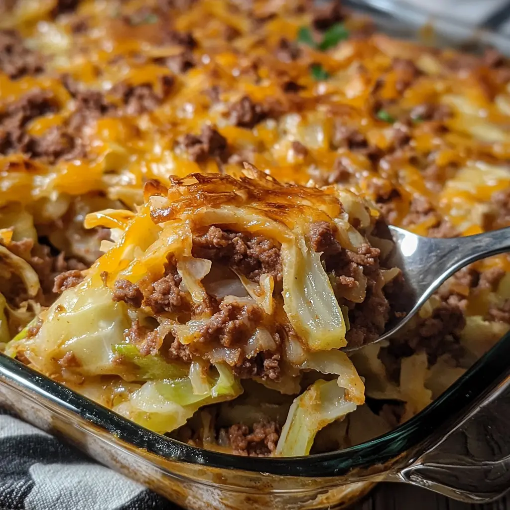 Keto Cabbage Casserole with Ground Beef Easy Recipe 6 Keto Cabbage Casserole with Ground Beef in a baking dish with golden cheese topping