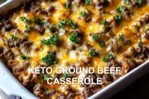 Best Keto Ground Beef Casserole You Need to Try Now KETO GROUND BEEF CASSEROLE centered hero view, clean and uncluttered
