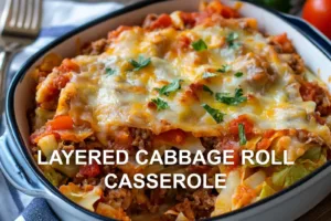 Layered Cabbage Roll Casserole Recipe Easy and Delicious LAYERED CABBAGE ROLL CASSEROLE centered hero view, clean and uncluttered