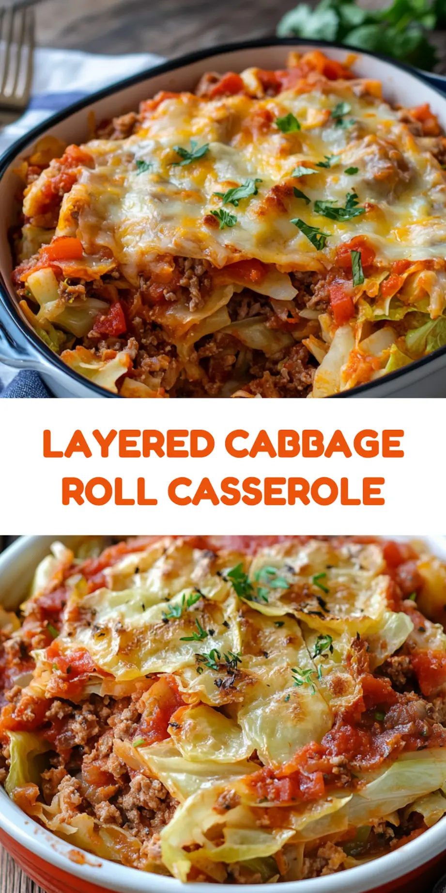 Layered Cabbage Roll Casserole centered hero view, clean and uncluttered pin