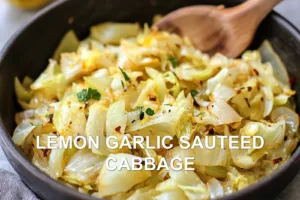 LEMON GARLIC SAUTEED CABBAGE centered hero view, clean and uncluttered
