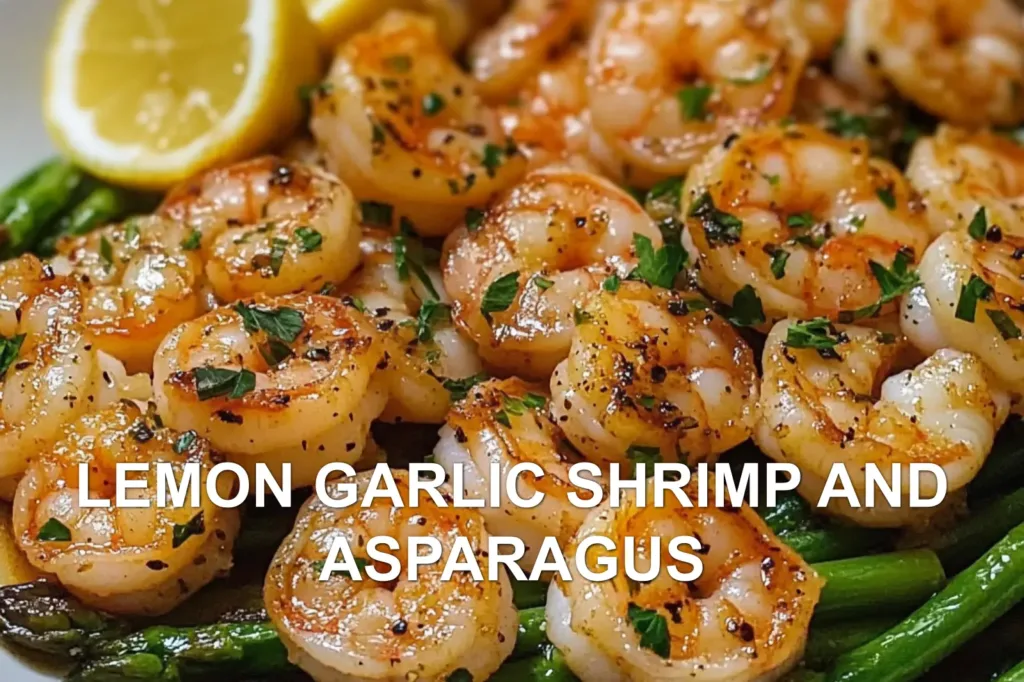 LEMON GARLIC SHRIMP AND ASPARAGUS centered hero view, clean and uncluttered