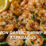LEMON GARLIC SHRIMP AND ASPARAGUS centered hero view, clean and uncluttered