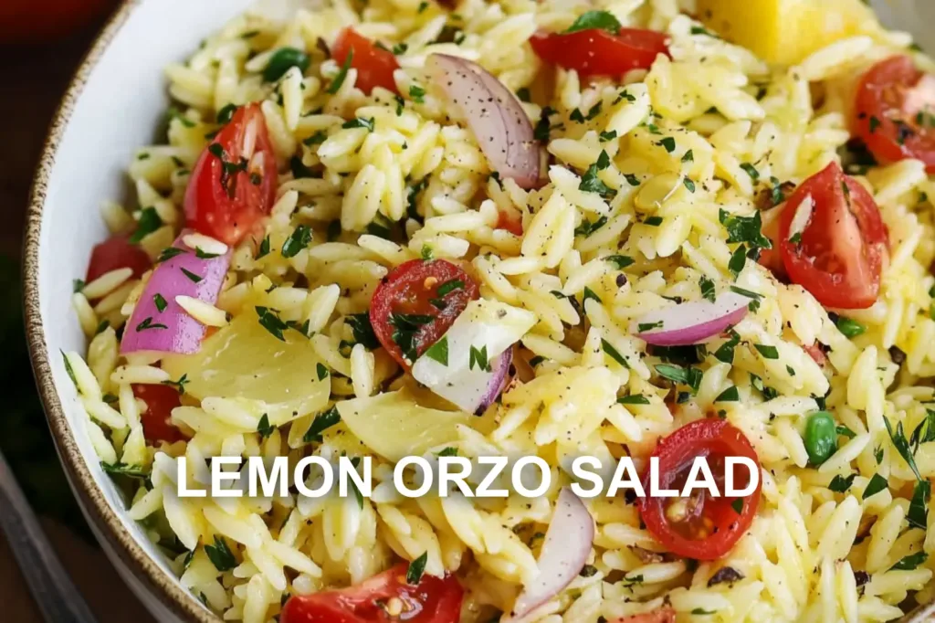 LEMON ORZO SALAD centered hero view, clean and uncluttered
