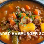 LOADED HAMBURGER SOUP centered hero view, clean and uncluttered