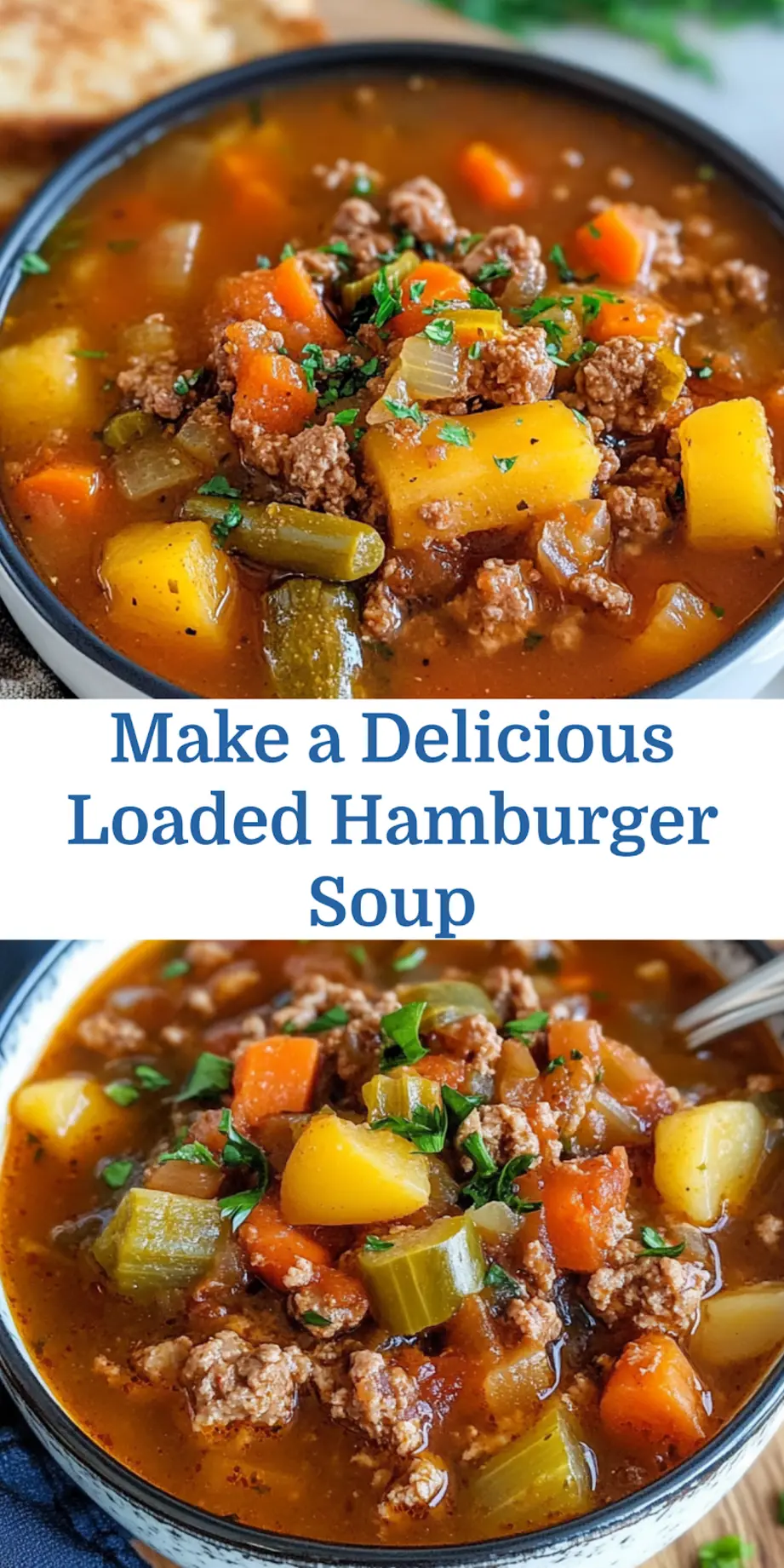 LOADED HAMBURGER SOUP served in a bowl, clean and appetizing
