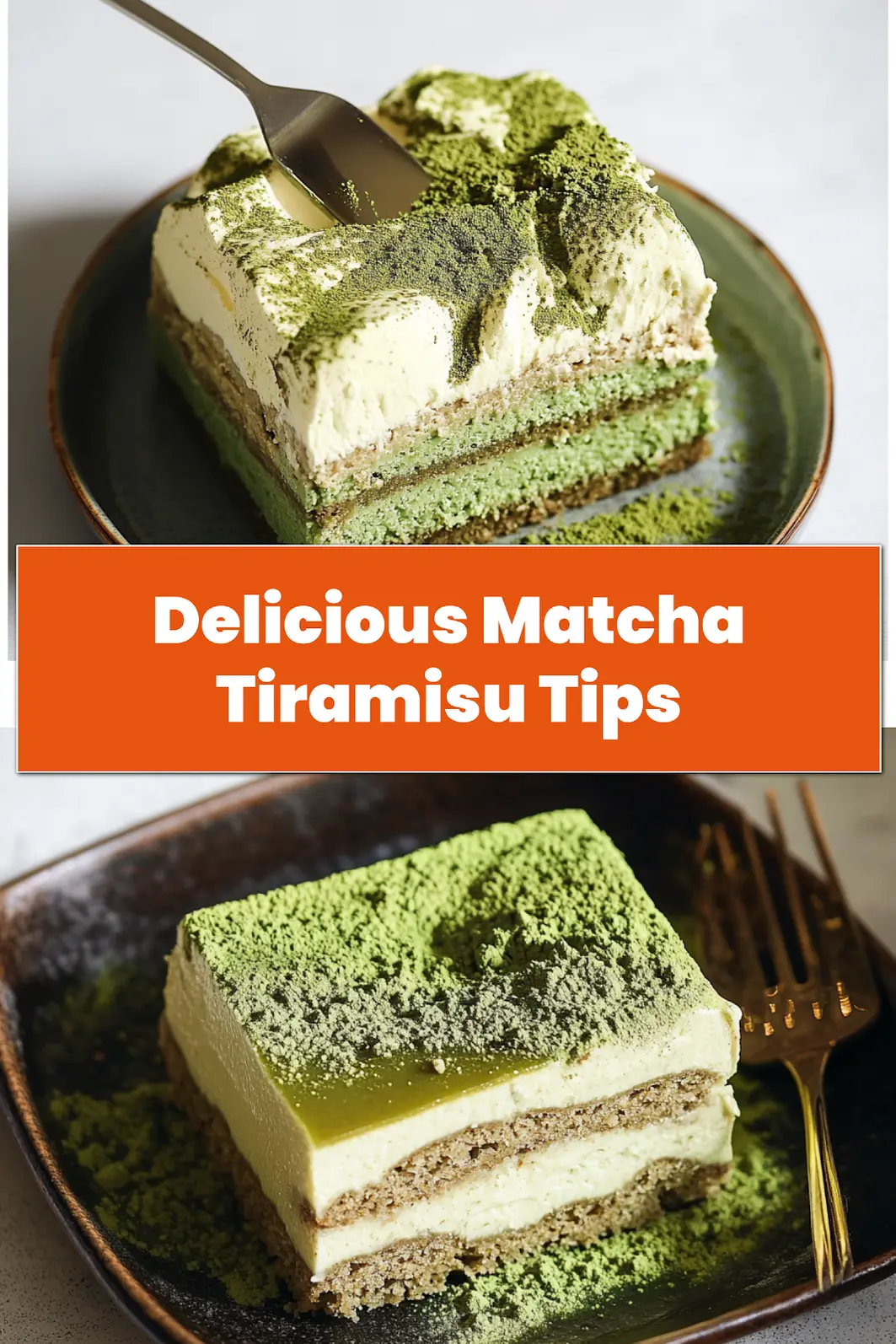 Close-up view of a slice of matcha tiramisu with creamy layers and matcha dusting