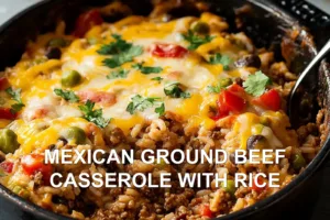MEXICAN GROUND BEEF CASSEROLE WITH RICE centered hero view, clean and uncluttered