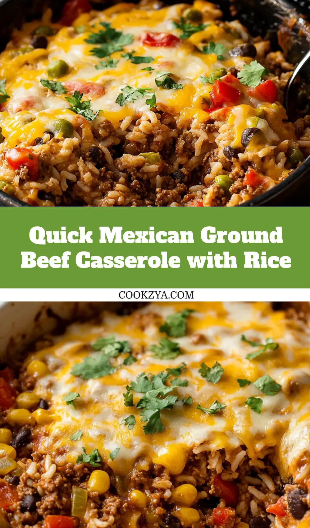 Mexican Ground Beef Casserole with Rice pin image centered hero view, clean and uncluttered