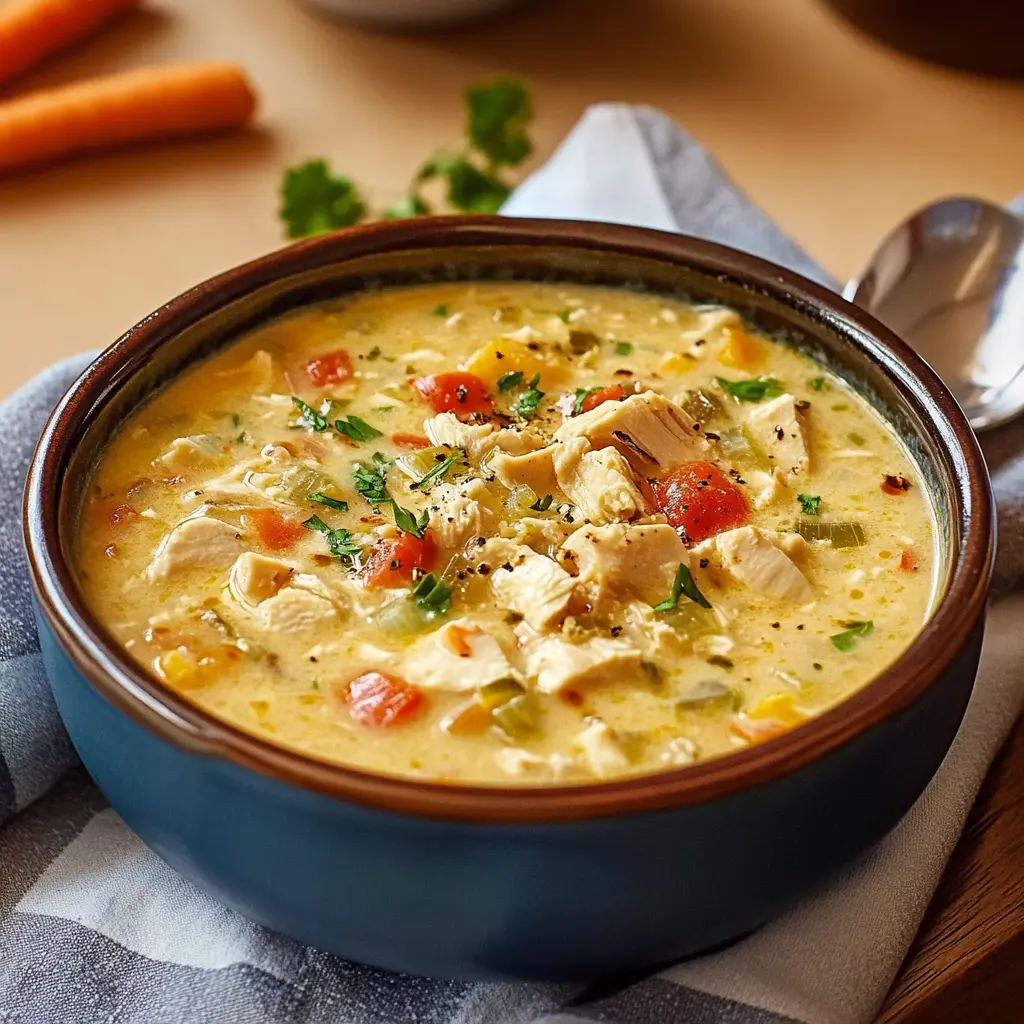 MILLION DOLLAR CHICKEN CASSEROLE SOUP centered hero view, clean and uncluttered