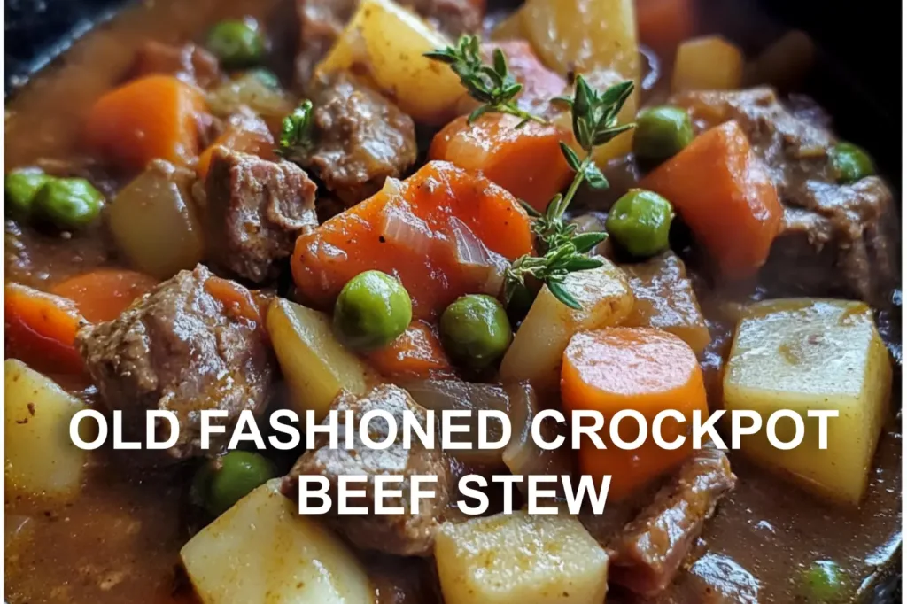 OLD FASHIONED CROCKPOT BEEF STEW centered hero view, clean and uncluttered