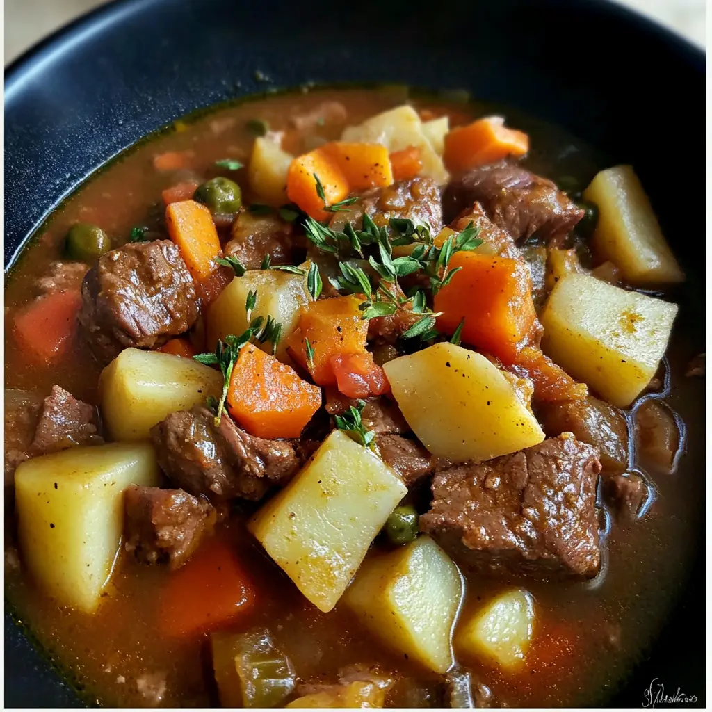 OLD FASHIONED CROCKPOT BEEF STEW centered hero view, clean and uncluttered