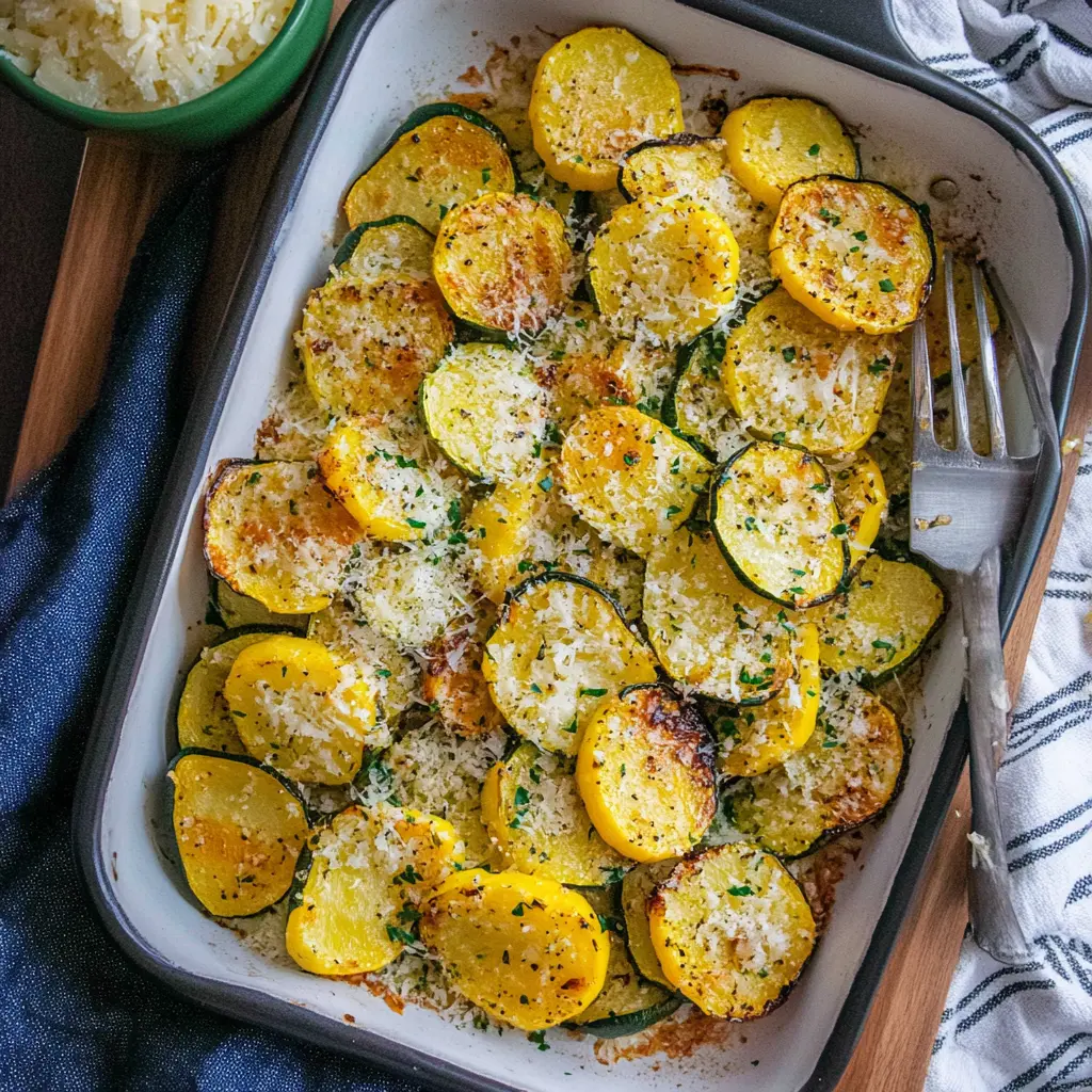 PARMESAN ROASTED ZUCCHINI AND SQUASH centered hero view, clean and uncluttered
