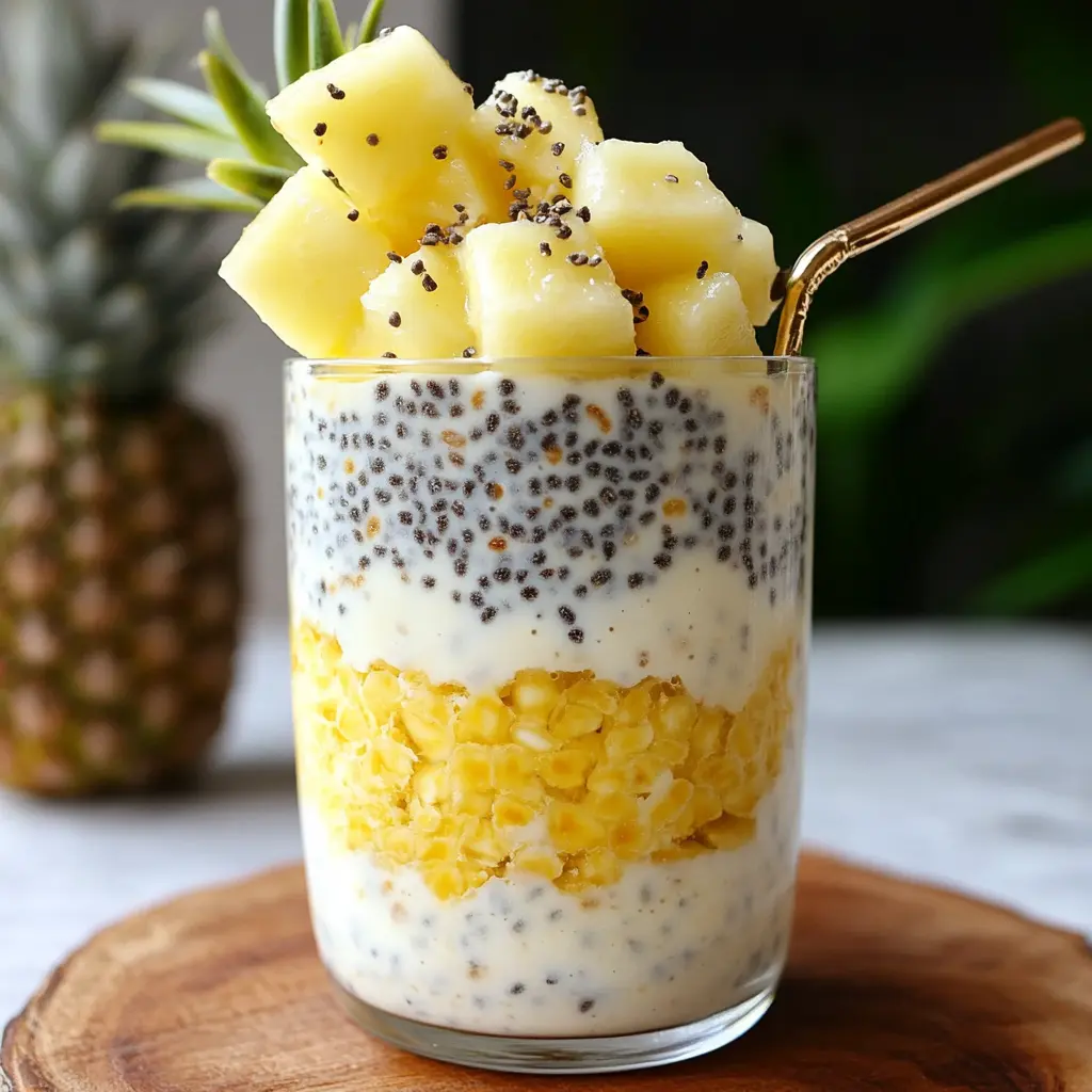 Pina Colada Chia Parfait in a glass with layers of coconut chia pudding and fresh pineapple