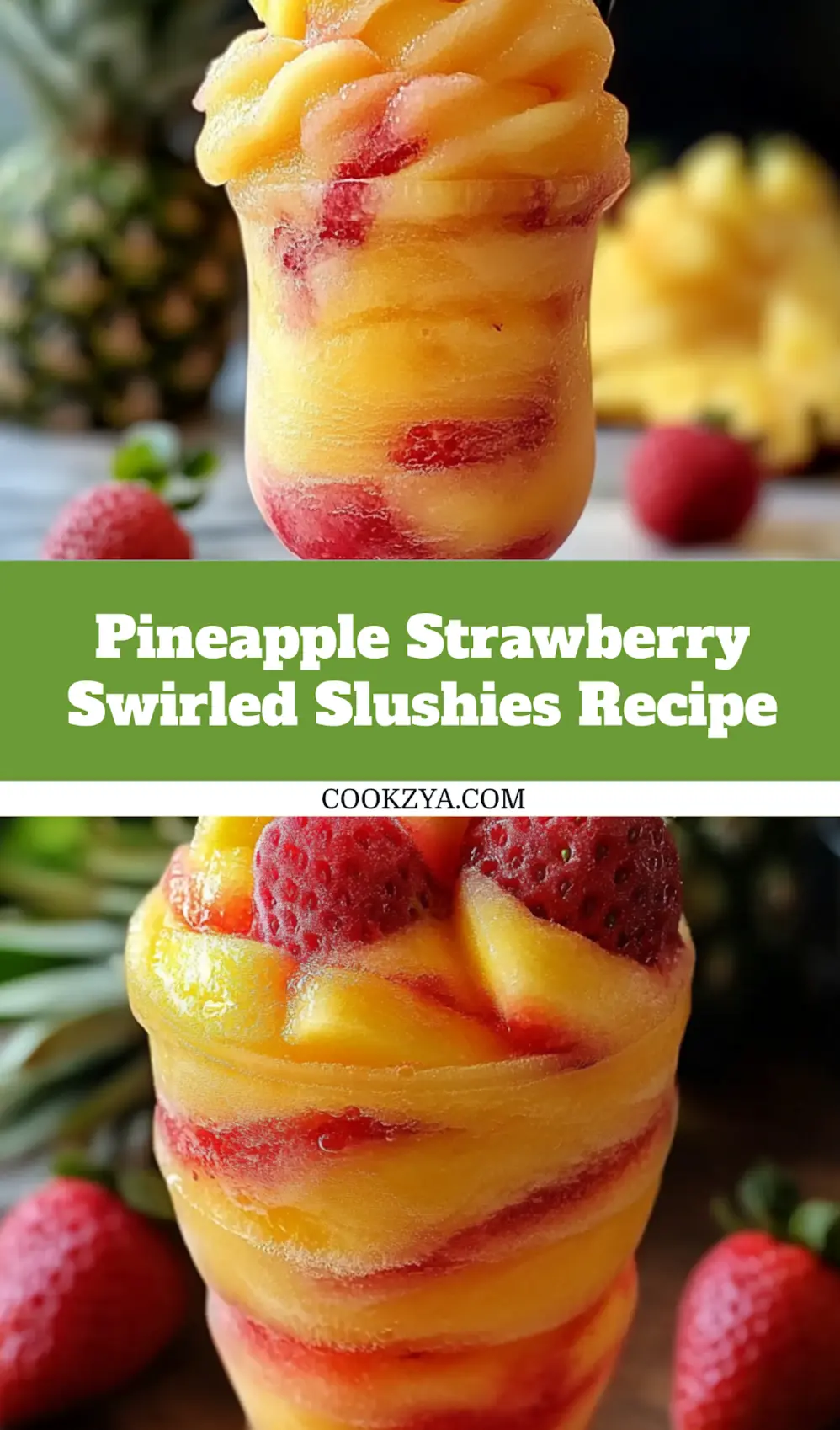Pineapple strawberry swirled slushies served in a tall glass with a straw