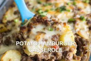 POTATO HAMBURGER CASSEROLE centered hero view, clean and uncluttered