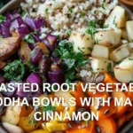 ROASTED ROOT VEGETABLE BUDDHA BOWLS WITH MAPLE CINNAMON centered hero view, clean and uncluttered