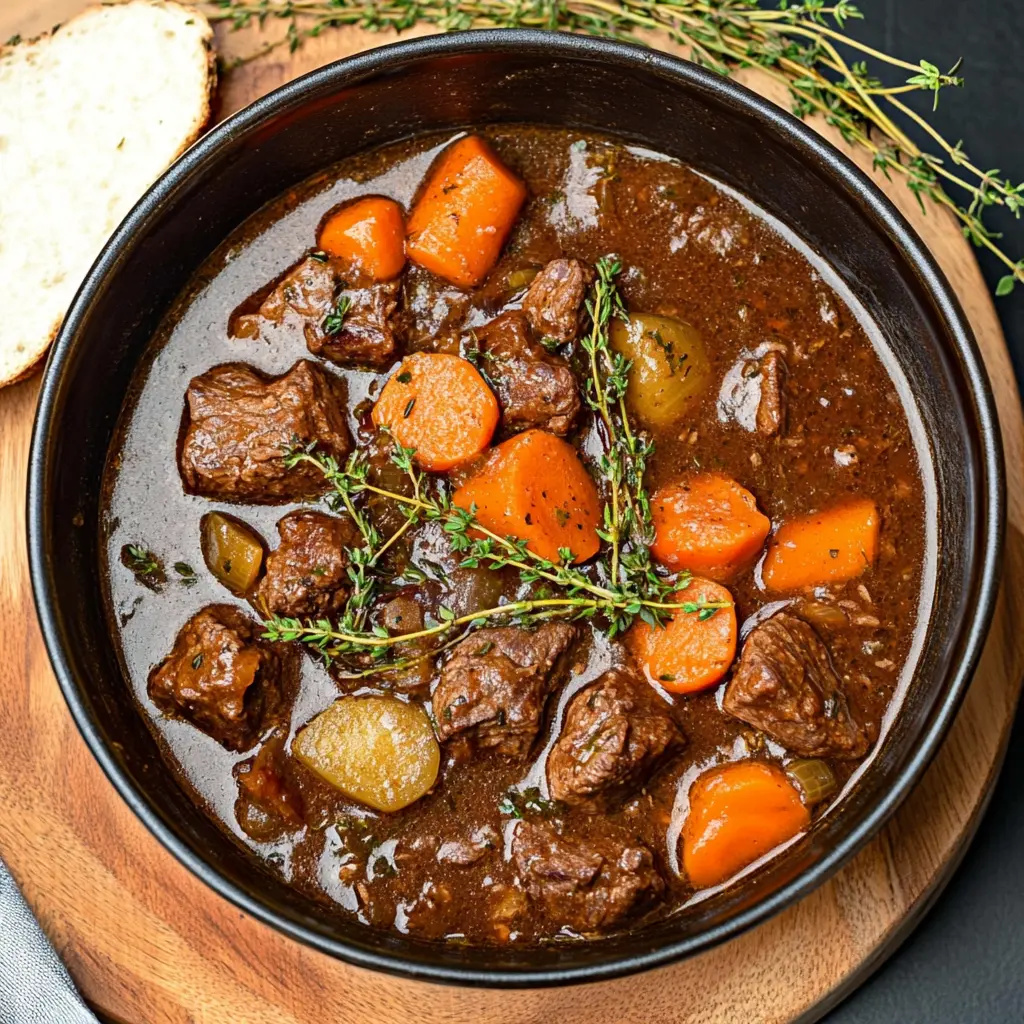 RUSTIC BEEF STEW WITH CARROTS AND HERBS centered hero view, clean and uncluttered