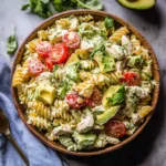 CREAMY AVOCADO CHICKEN PASTA SALAD centered hero view, clean and uncluttered